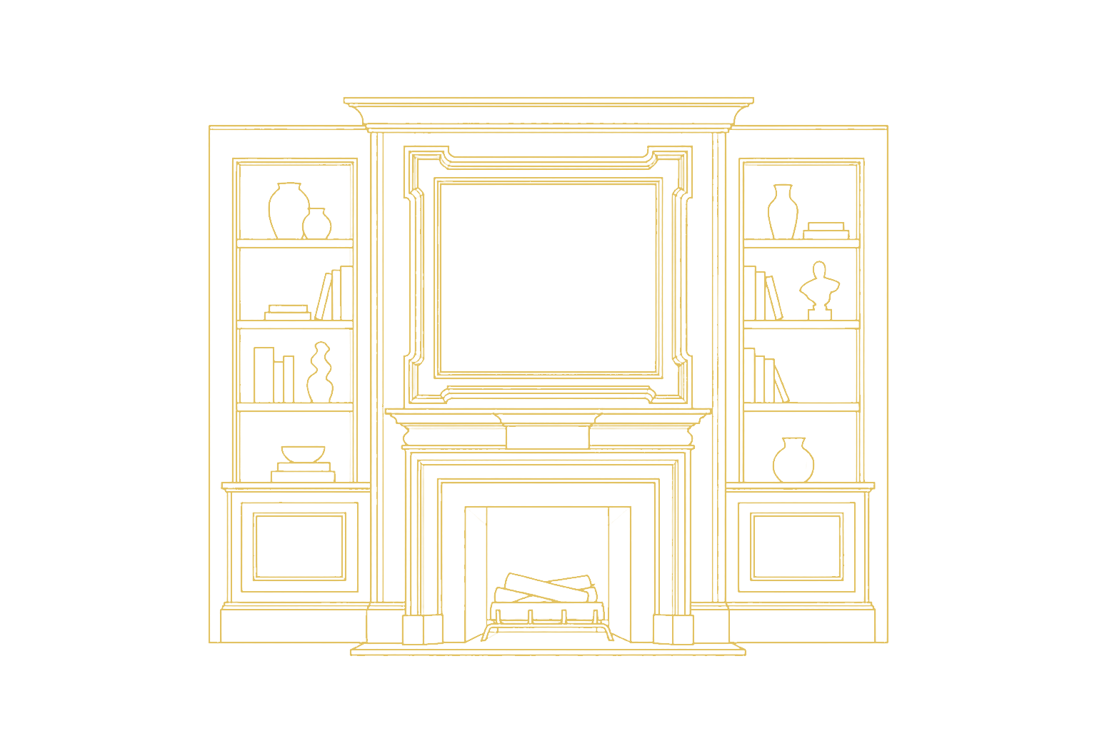 Hand-drawn fireplace elevation with mantel, recessed shelving and stone surround