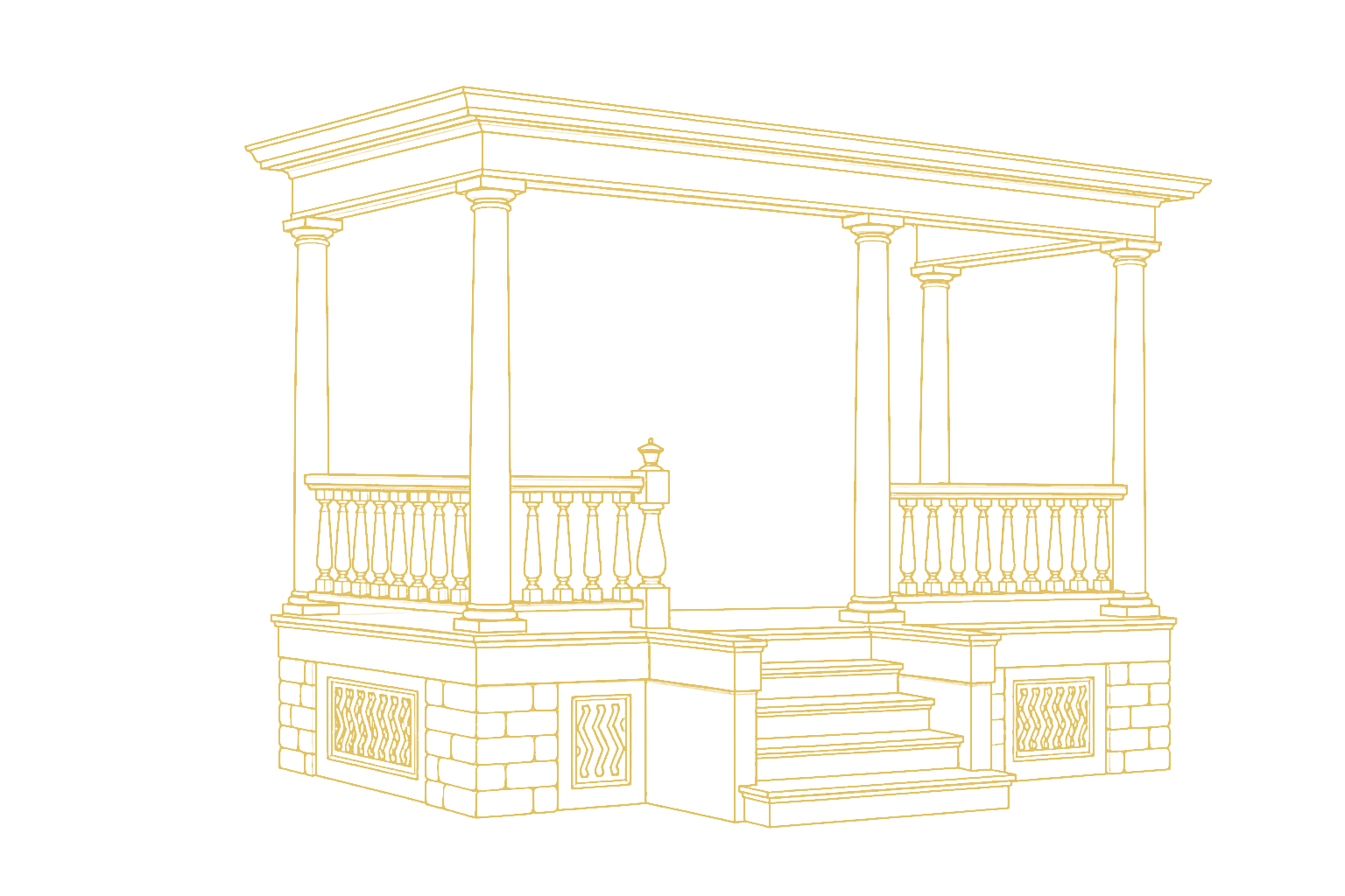 Historic complete porch design with columns, balustrades, steps and stone base