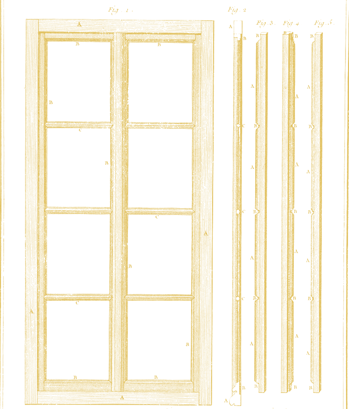 Eighteenth-century joiner's plate of a casement window: sash elevation, stile and rail sections, and mortised corner details