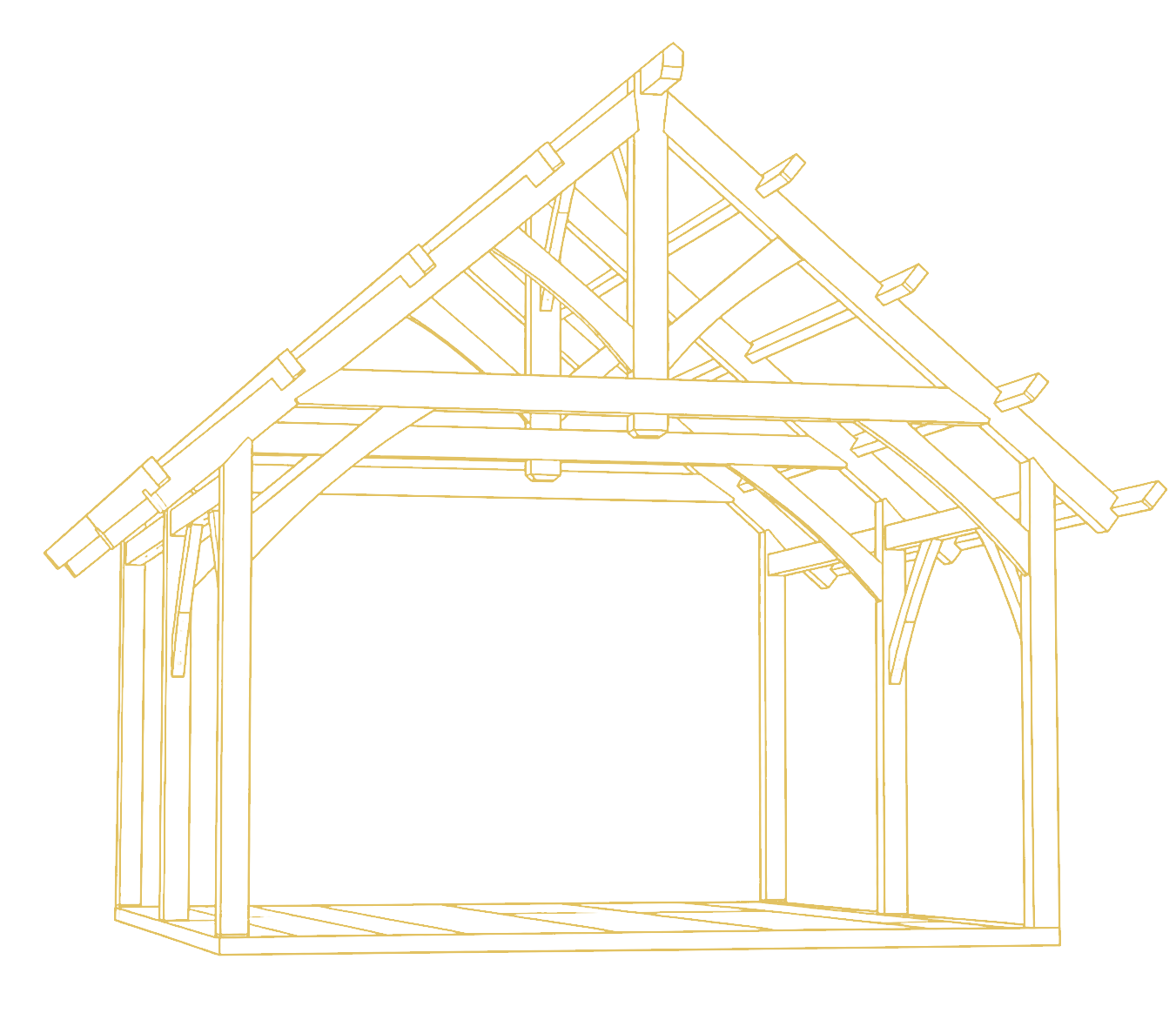 Traditional timber frame structure with posts, braces, tie beams and rafters